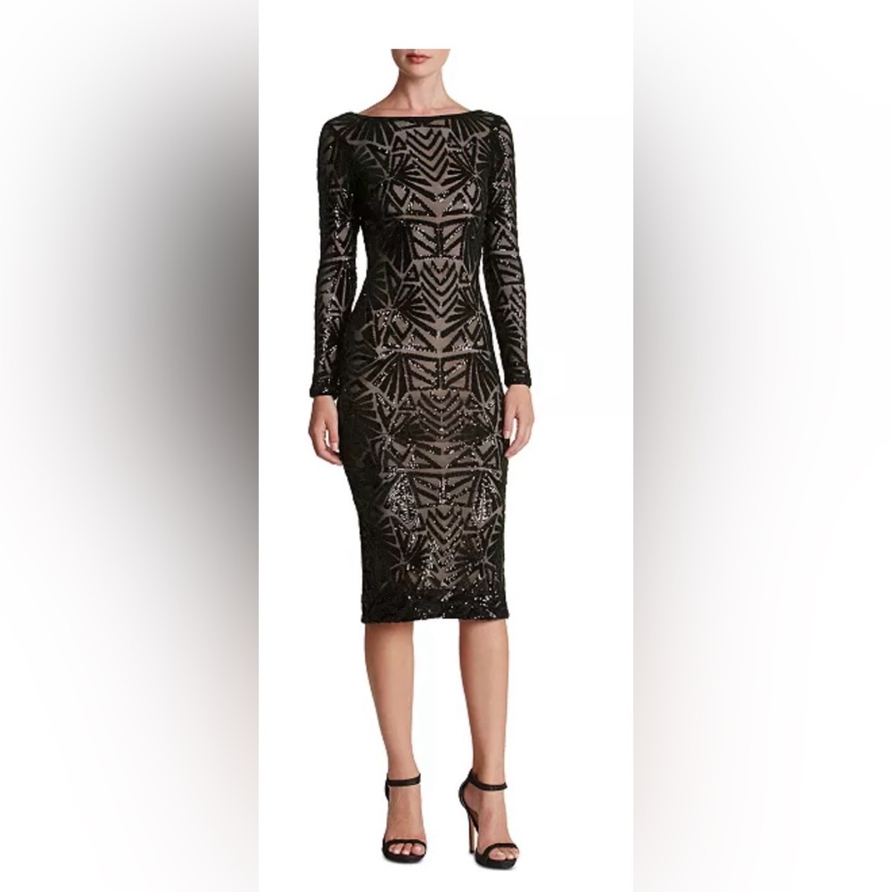 Dress the Population Emery Black Geometric Long Sleeve Dress